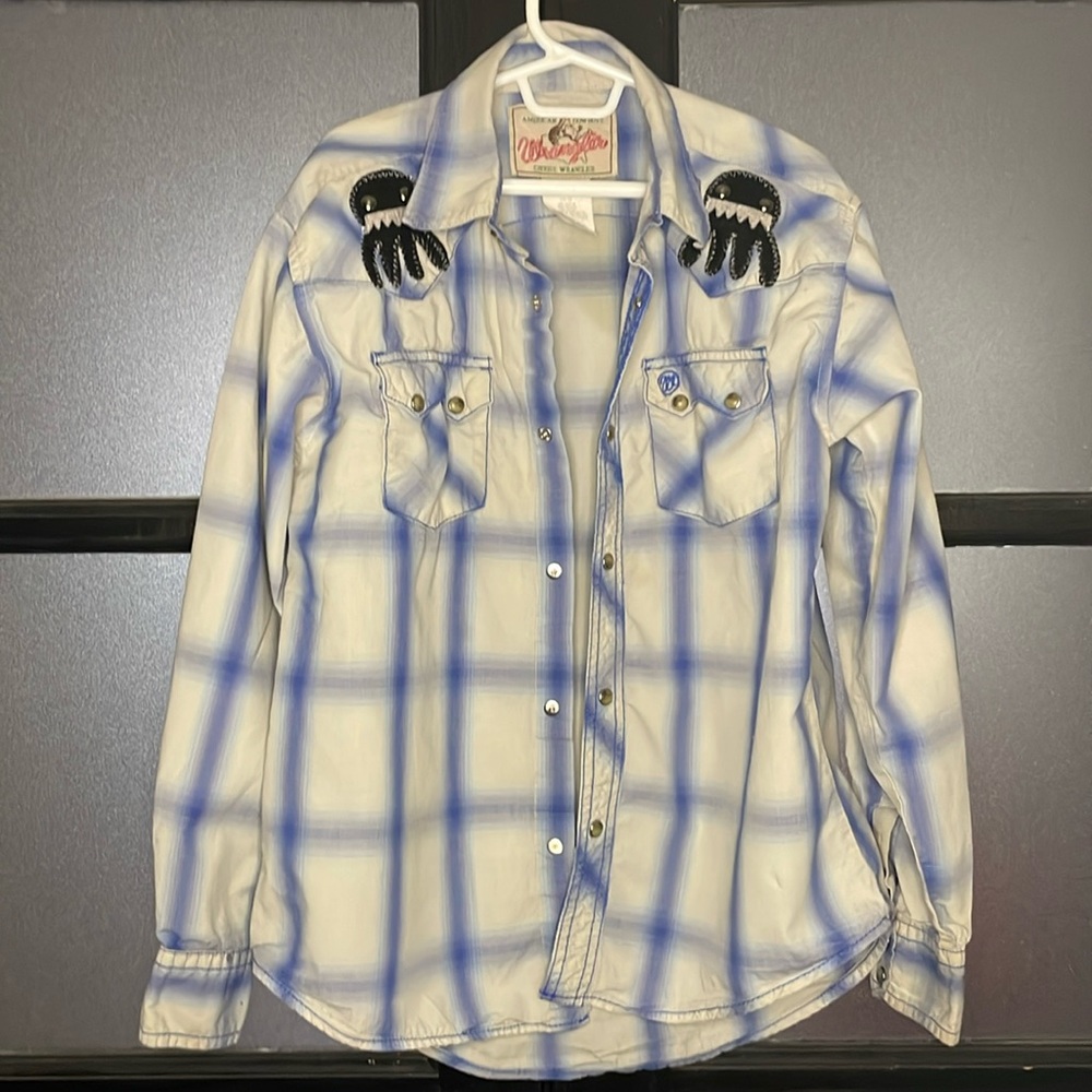 Vintage western Cowboys Wrangler long sleeve pearl snap boys shirt w Octopus L